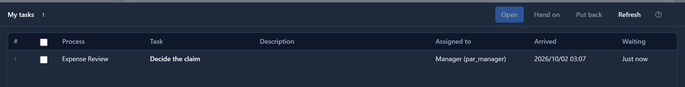 Sam's task list: Expense Review, Decide the claim, assigned to Manager (par_manager), arrived 03:07, Just now