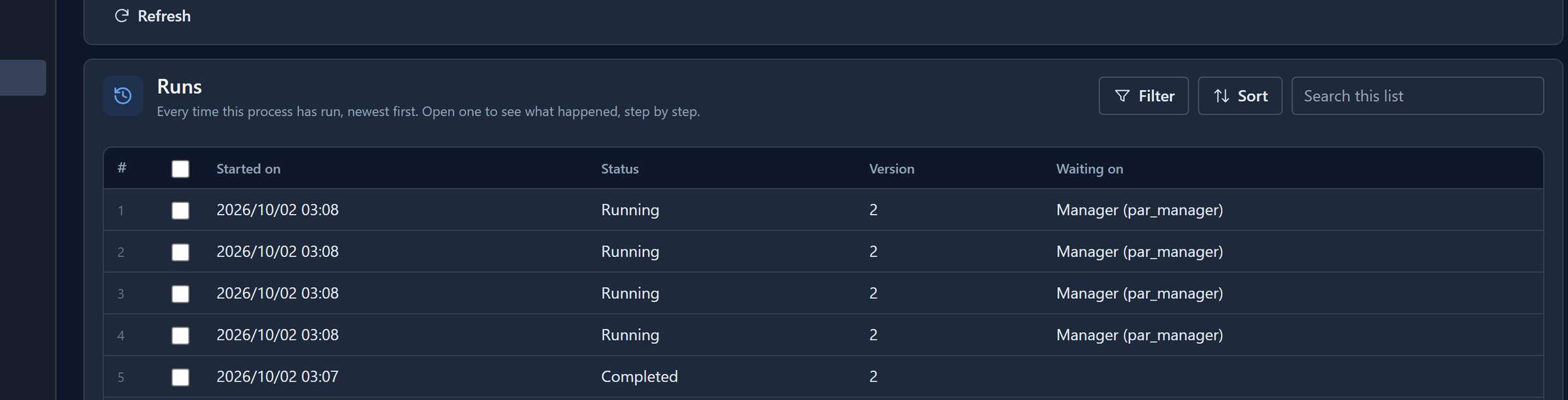 The Runs list for Expense Review: four runs Running on version 2 waiting on Manager (par_manager), and one Completed