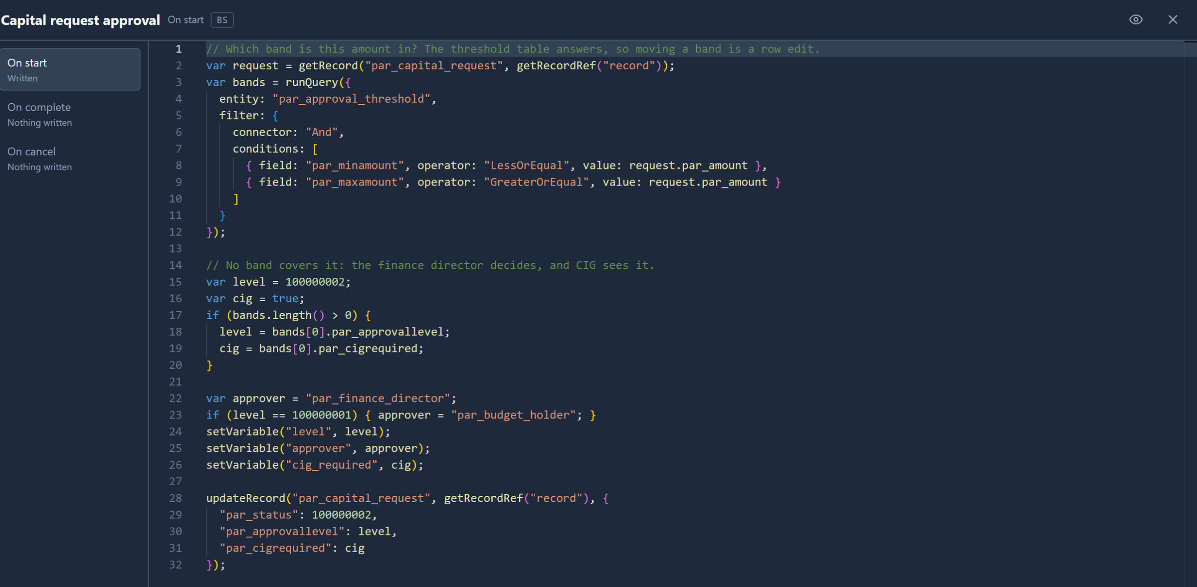 The On start code: getRecord for the request, runQuery on par_approval_threshold where par_minamount is at most the amount and par_maxamount at least it, then the level, the approver and cig_required set as variables, and the request updated
