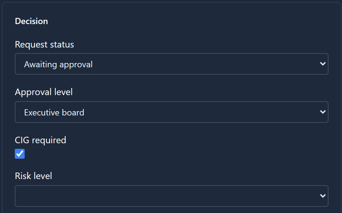 The Decision side of the MRI coil upgrade request: Request status Awaiting approval, Approval level Executive board, CIG required ticked