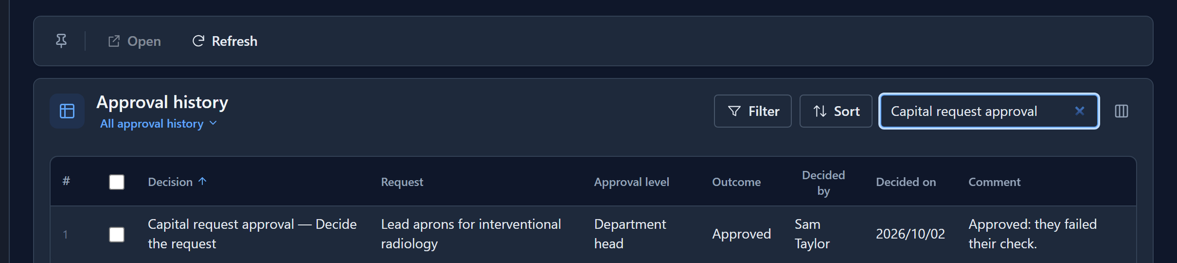 Approval history: Capital request approval — Decide the request, Lead aprons for interventional radiology, Department head, Approved, Sam Taylor, 2026/10/02, Approved: they failed their check.