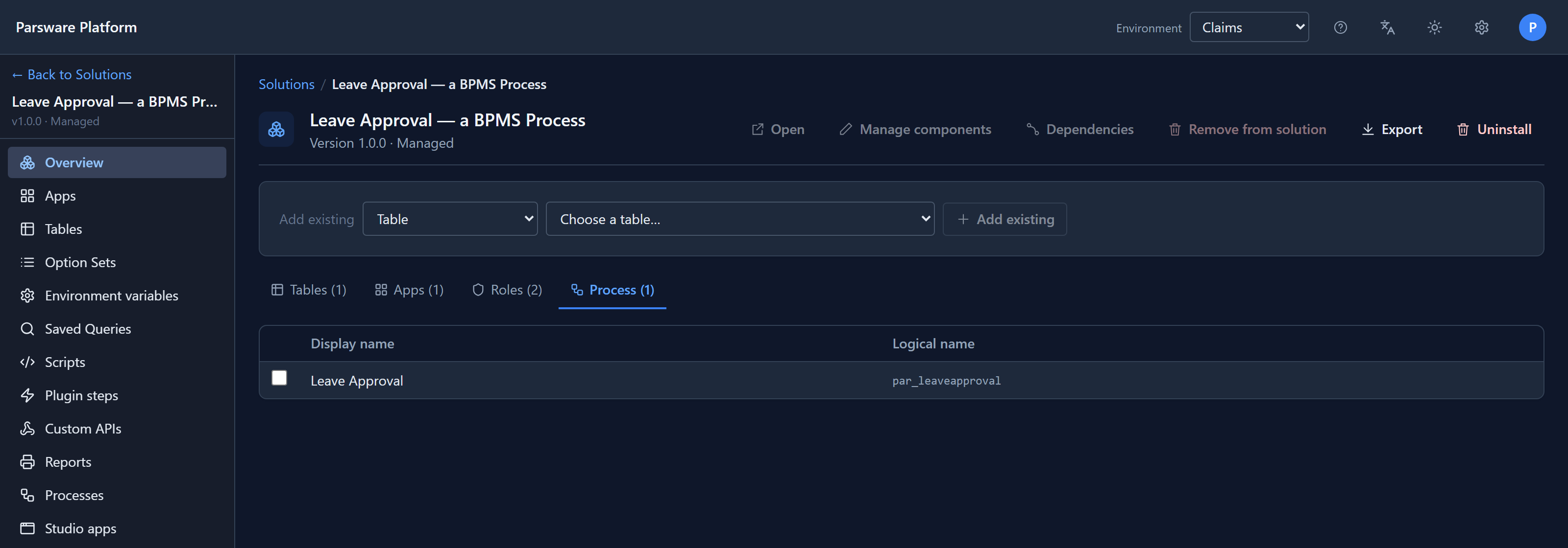 The Leave Approval solution in Claims, Version 1.0.0, Managed, with Export and Uninstall, and tabs Tables (1), Apps (1), Roles (2) and Process (1); the Process tab lists Leave Approval, par_leaveapproval