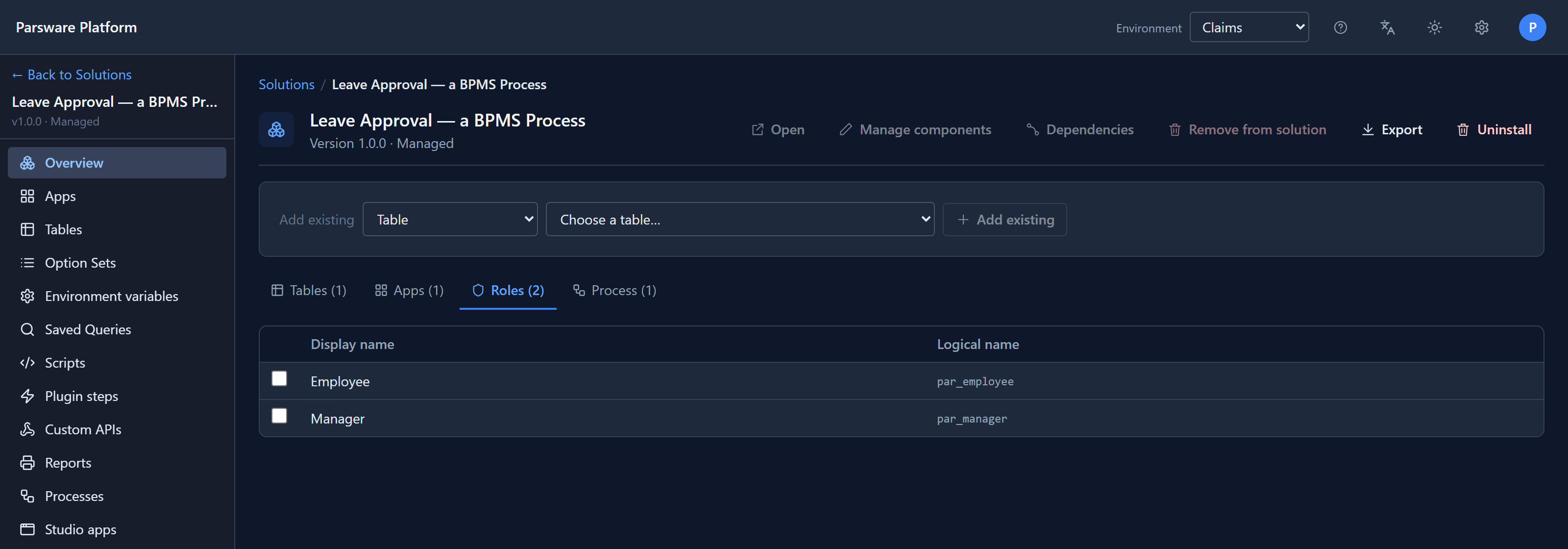 The Roles tab: Employee (par_employee) and Manager (par_manager)