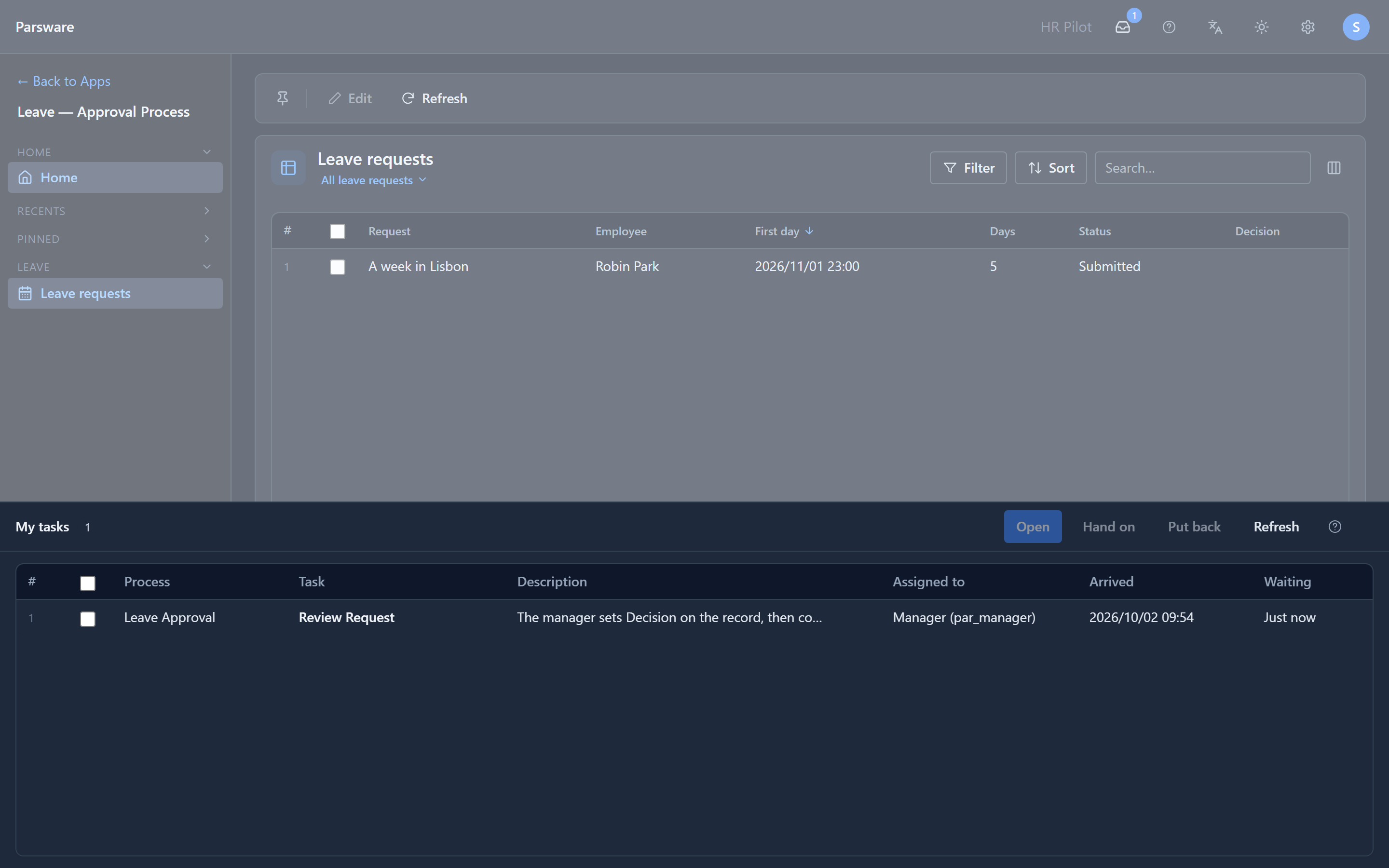 The Leave app in HR Pilot as Sam Taylor: A week in Lisbon by Robin Park, Submitted, and My tasks with Review Request, Leave Approval, assigned to Manager (par_manager)