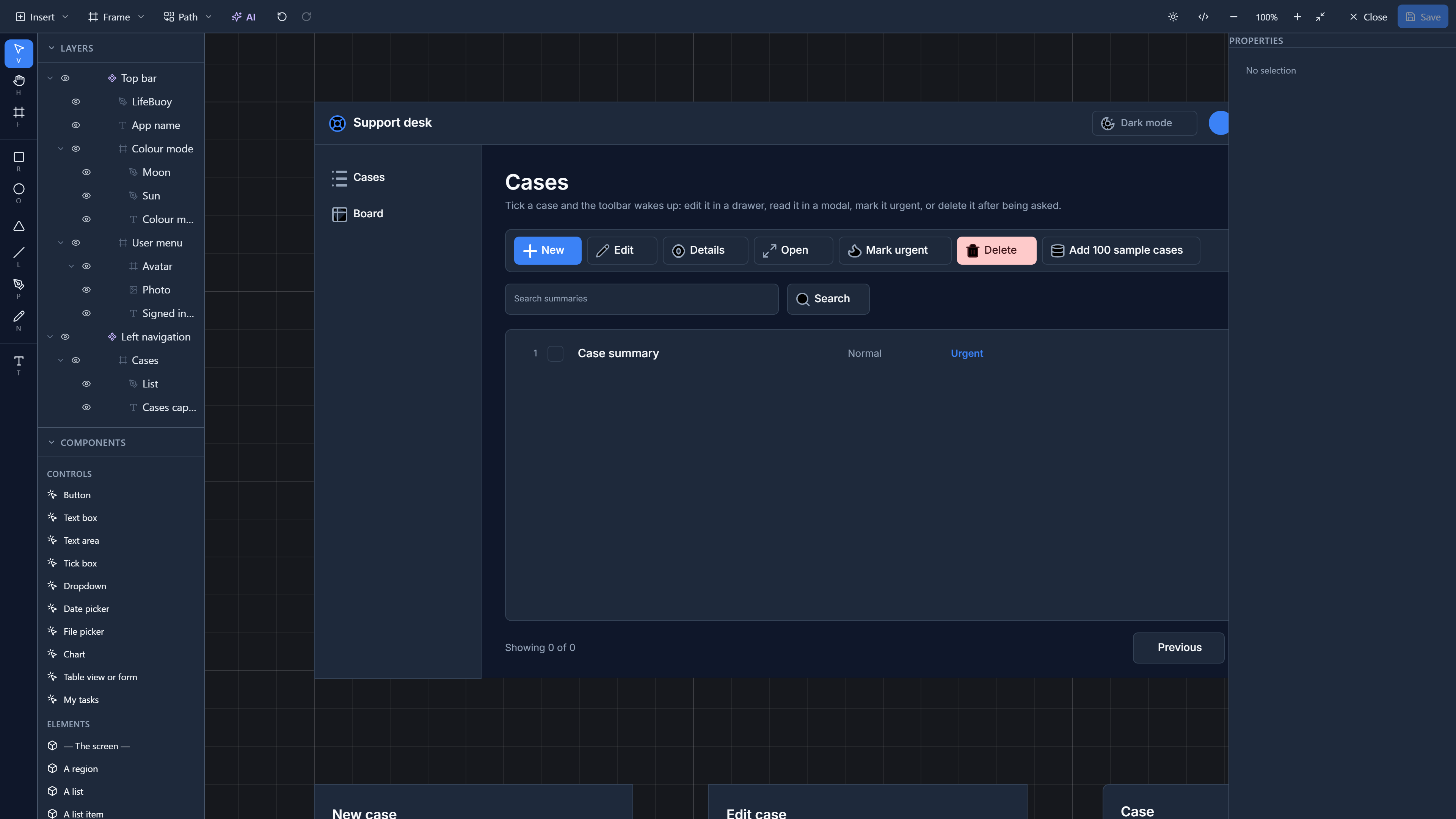 The designer in fullscreen: the toolbar along the top, the tool rail down the left edge, Layers and Components beside it, the Support desk app's Cases screen on the canvas, and Properties on the right
