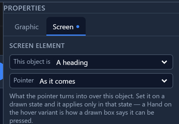 The Screen tab: This object is A heading, and Pointer As it comes