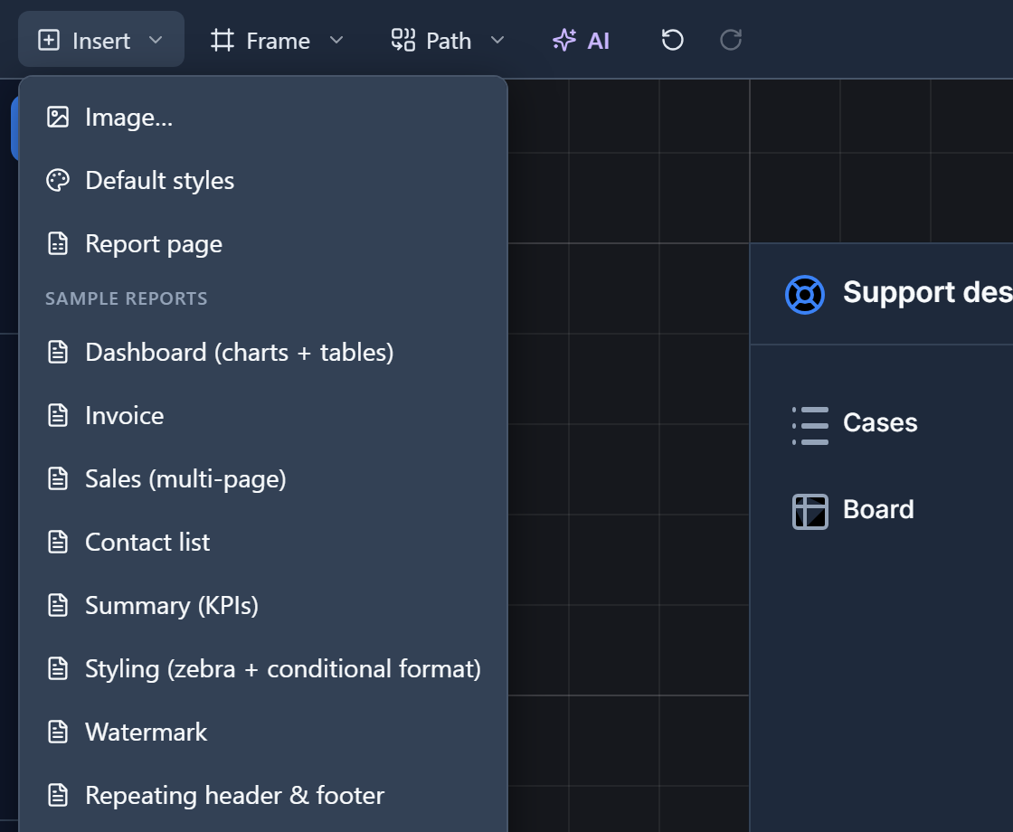 The Insert menu: Image…, Default styles, Report page, then Sample reports: Dashboard (charts + tables), Invoice, Sales (multi-page), Contact list, Summary (KPIs) and more
