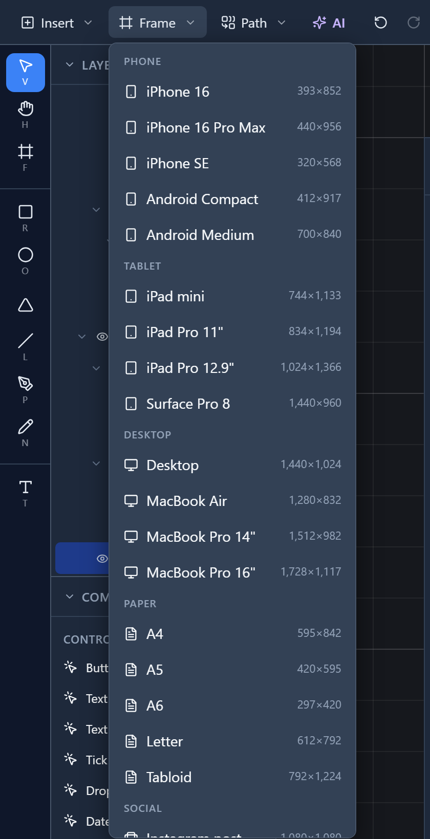 The Frame menu: Phone (iPhone 16 393×852, iPhone SE, Android Compact…), Tablet (iPad mini, iPad Pro, Surface Pro 8), Desktop (Desktop 1,440×1,024, MacBook Air…), and Paper (A4 595×842, A5, Letter…)