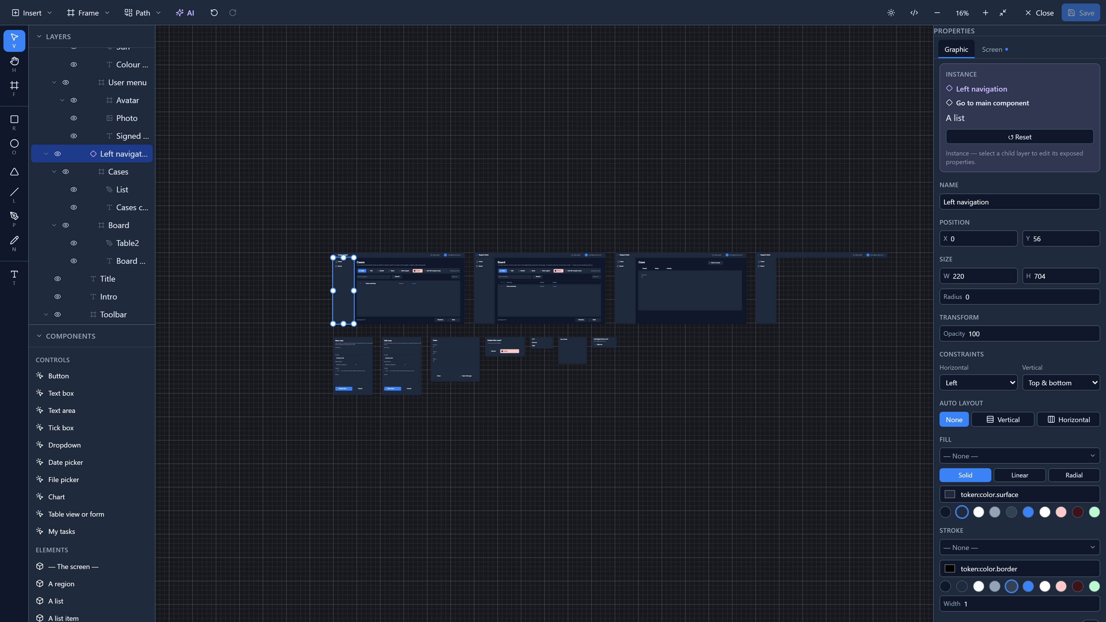The whole Support desk app at 16%: the Cases, Board and Case screens in a row, the drawers and modals below them