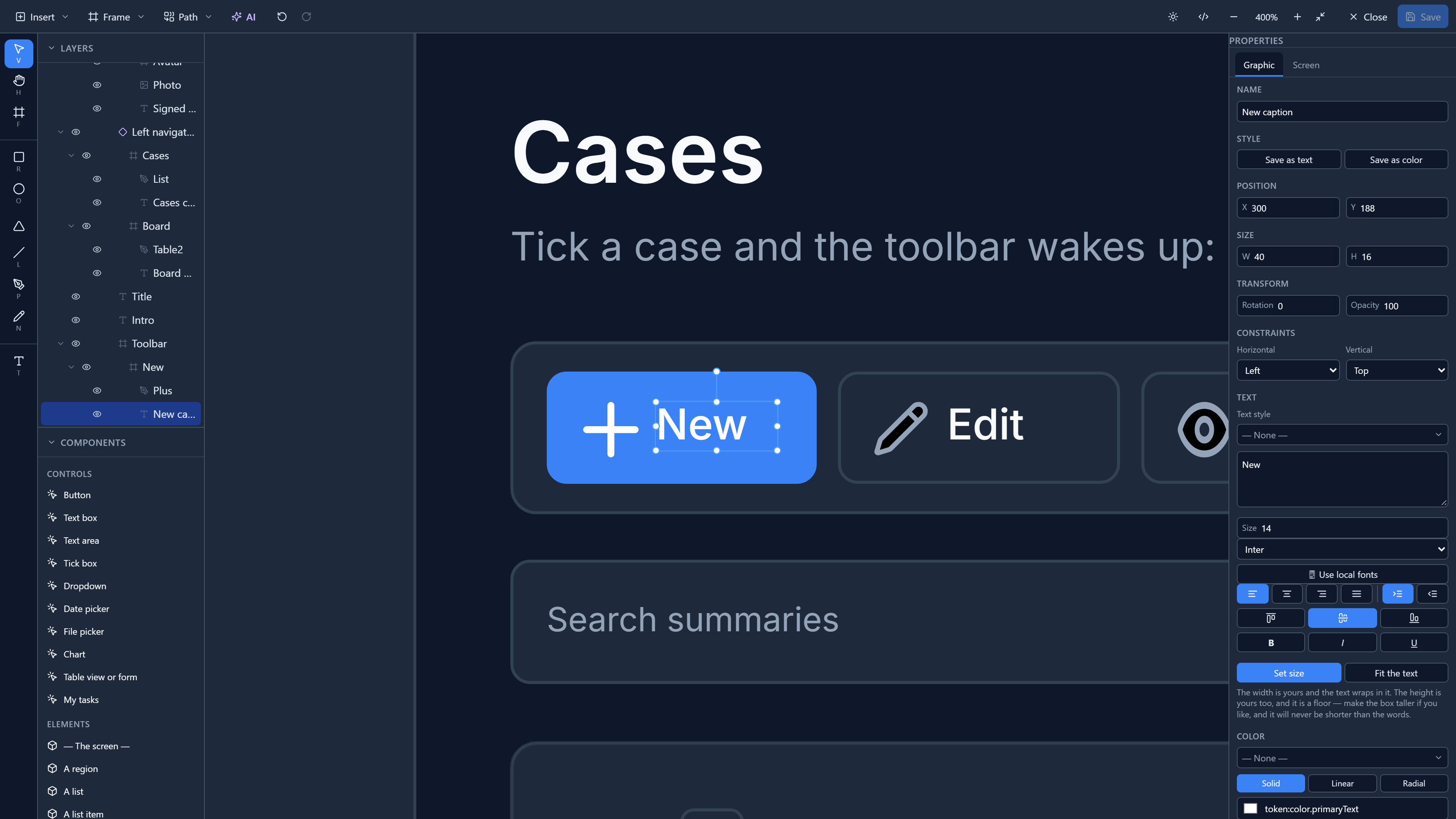 The canvas at 400%: the Cases heading, the intro text and the New, Edit buttons, with the word New selected