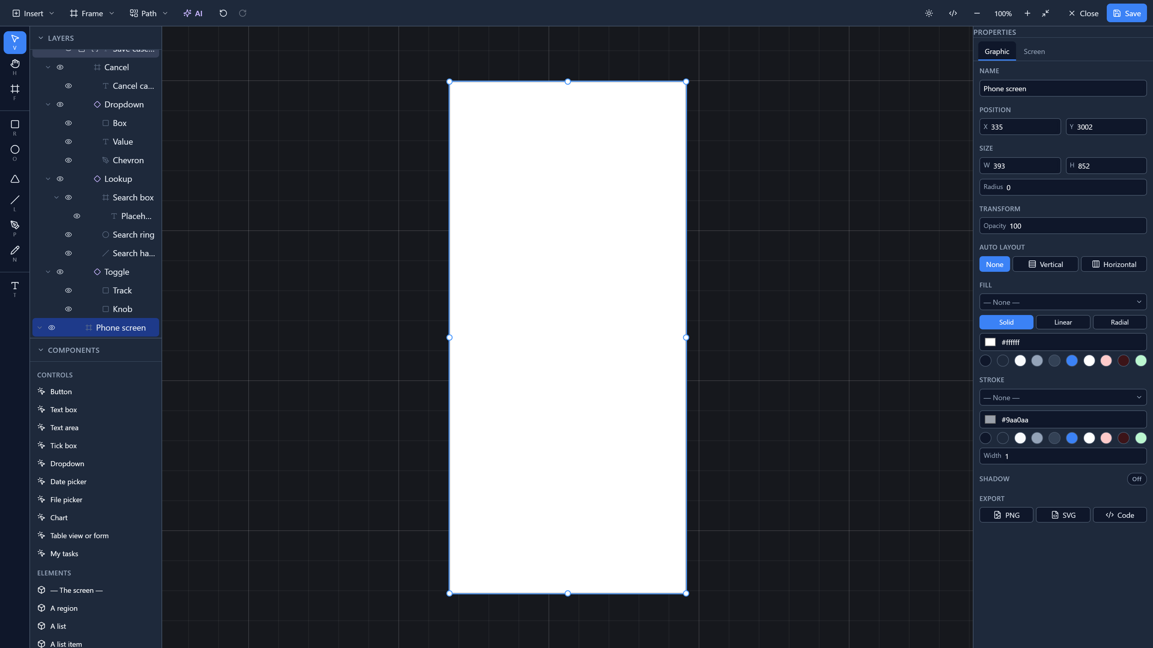An empty white frame, 393 by 852, selected on the canvas; Layers shows Phone screen at the bottom of the list, and Properties shows its name, position and size