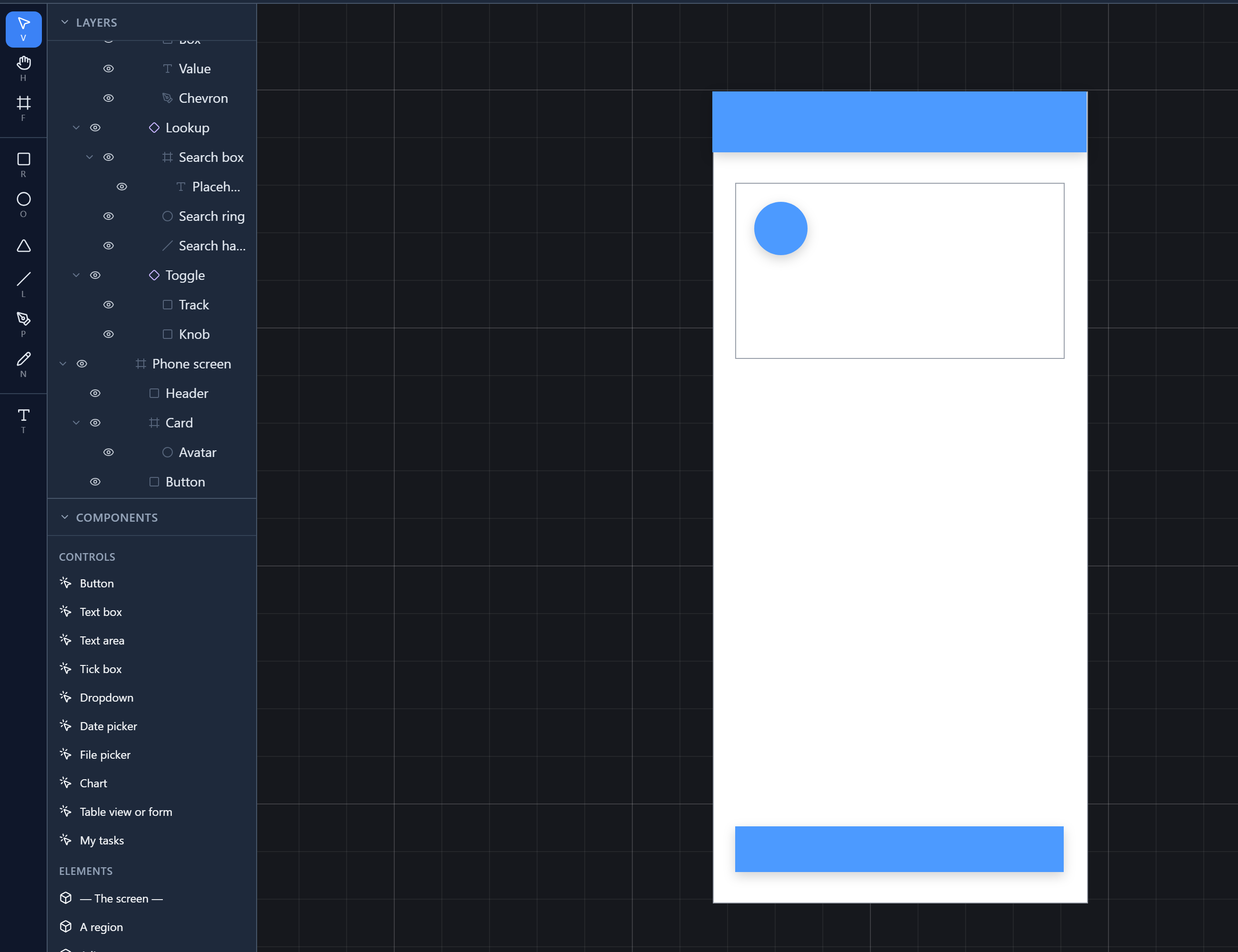 The phone frame with a blue header across the top, a white card with a blue circle, and a blue button at the bottom; Layers shows Phone screen holding Header, Card (holding Avatar) and Button