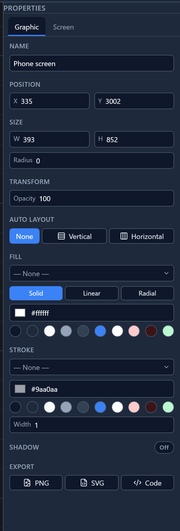 Properties for Phone screen: Name, Position, Size with Radius, Transform with Opacity only, Auto layout None, Vertical or Horizontal, Fill white, Stroke, Shadow off, and Export