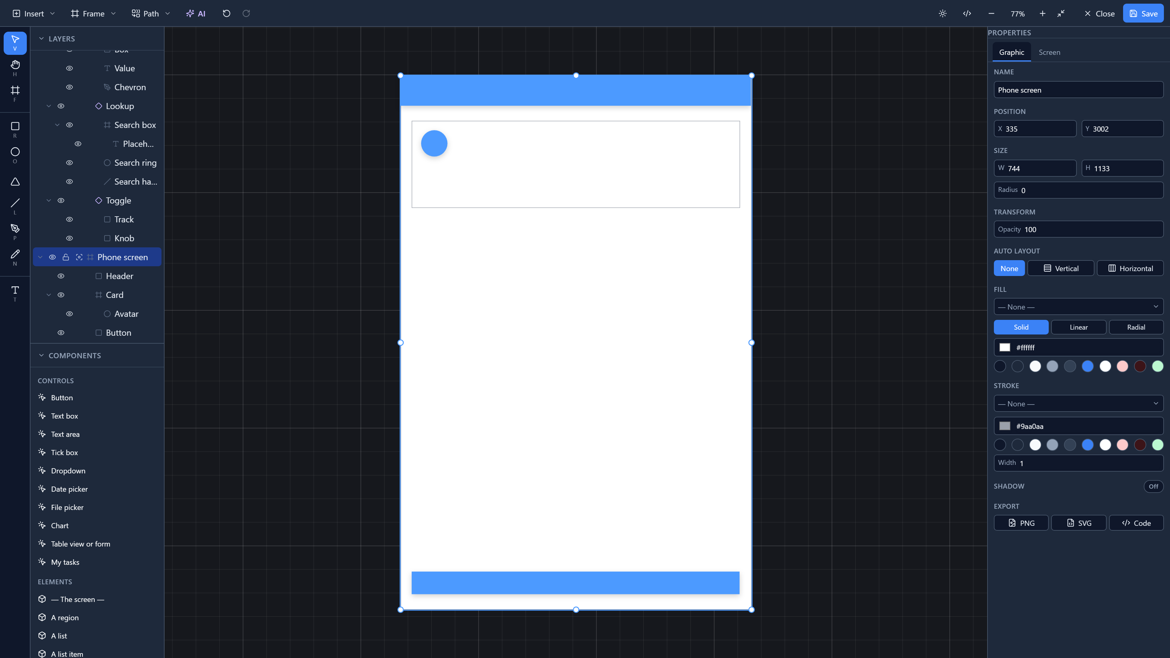 The same frame at 744 by 1,133: the header, card and button now span the wider frame, and the button sits at the bottom