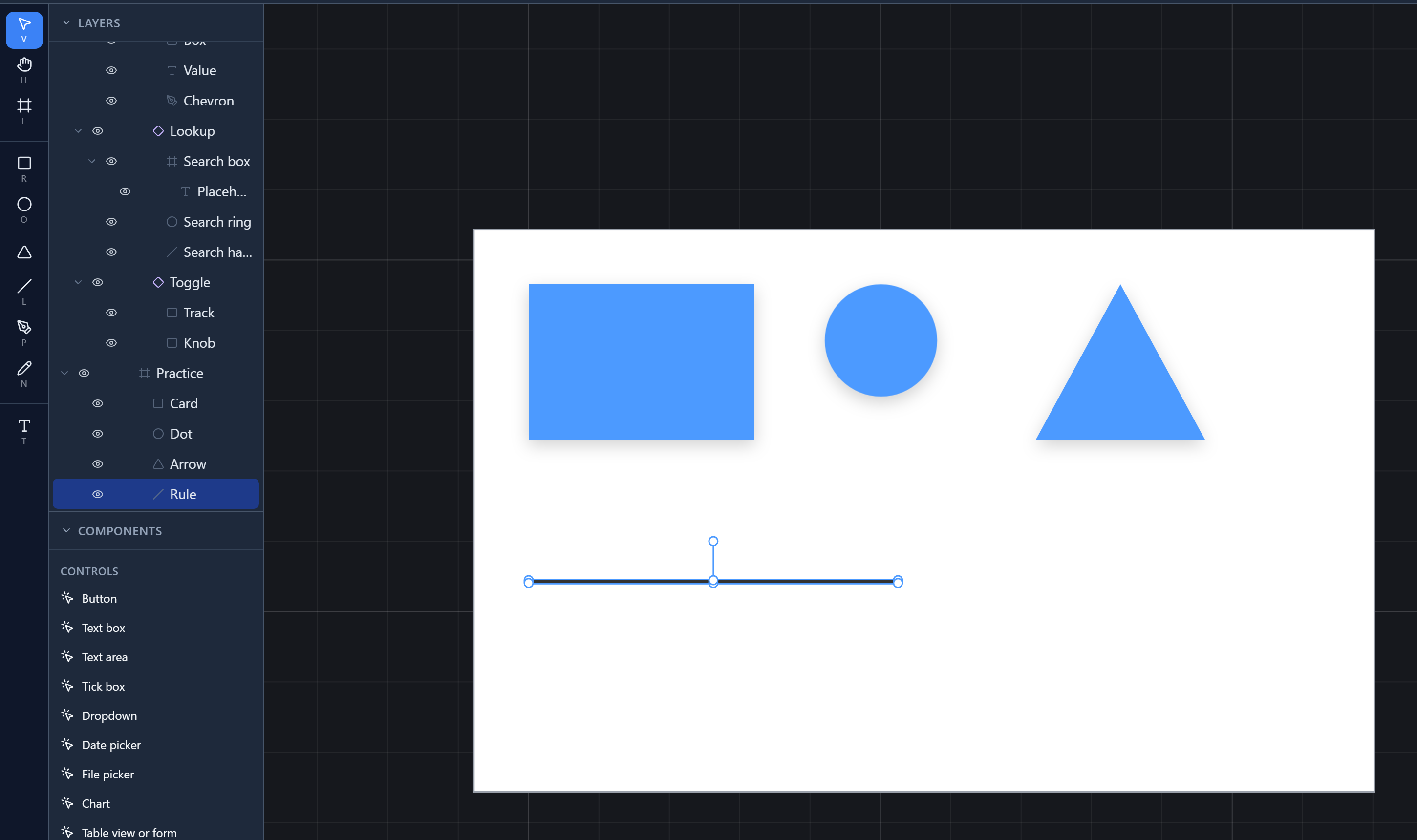 A frame holding a blue rectangle, a blue circle, a blue triangle pointing up and a dark horizontal line; Layers lists Card, Dot, Arrow and Rule inside Practice