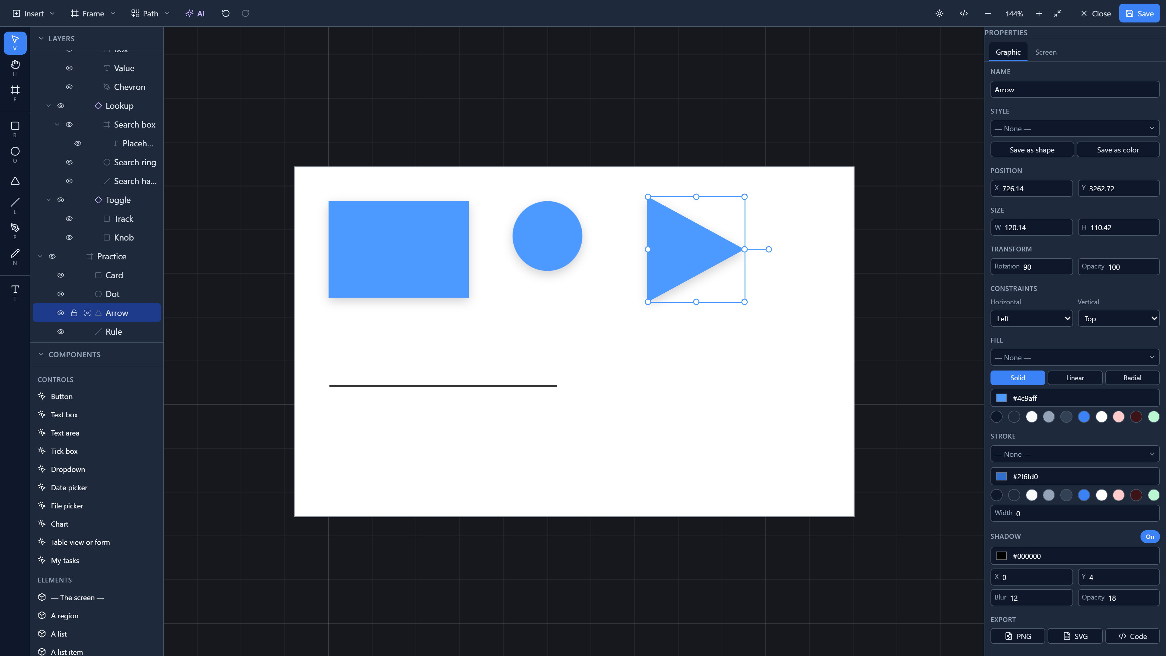 The triangle turned to point right, in the same place it was drawn; Properties shows Rotation 90