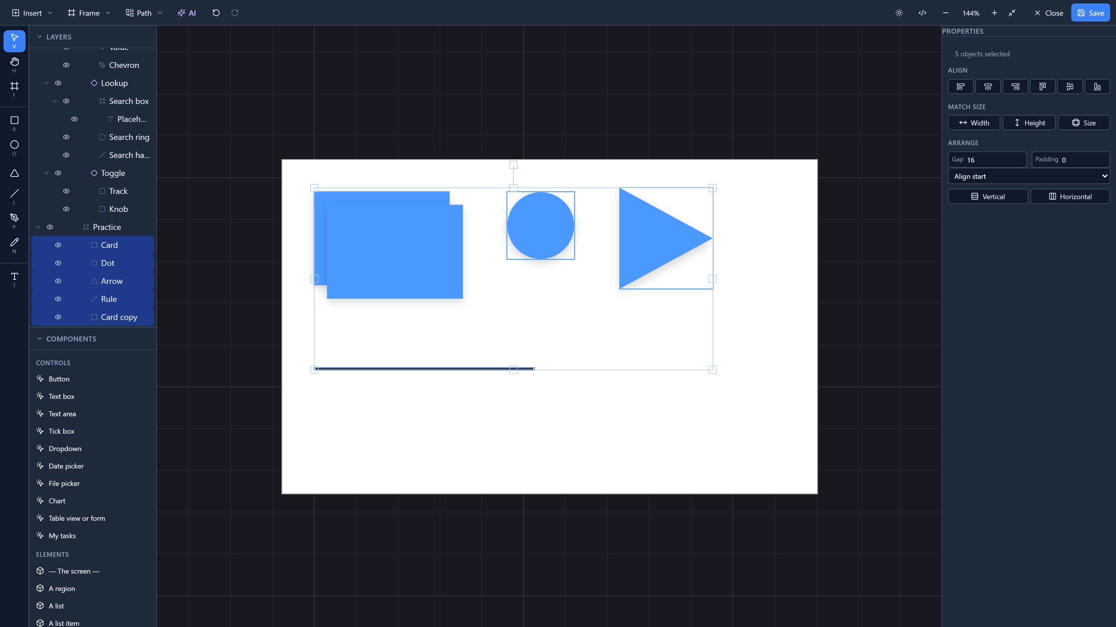 All the shapes selected together inside one dashed box with handles; Properties says 5 objects selected and offers Align, Match size and Arrange