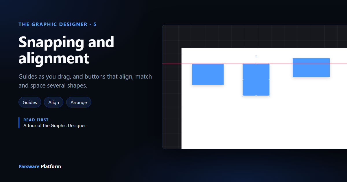 A red guide line across the Graphic Designer canvas, lining up the top of a dragged rectangle with the top of its neighbour, next to the title "Snapping and alignment"