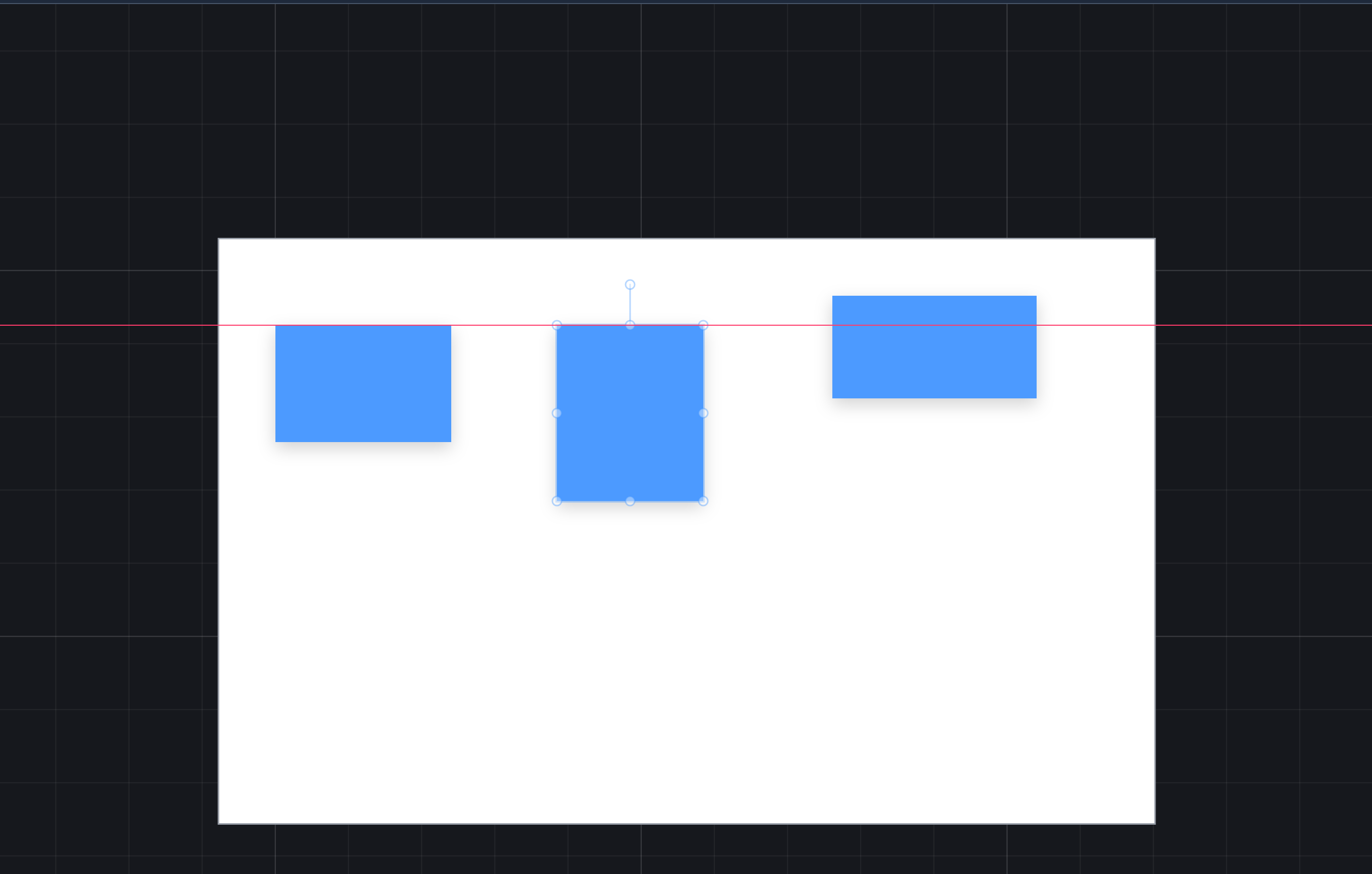 A red horizontal guide across the canvas at the top edge of One; Two, being dragged, has jumped up so its top sits on the same line