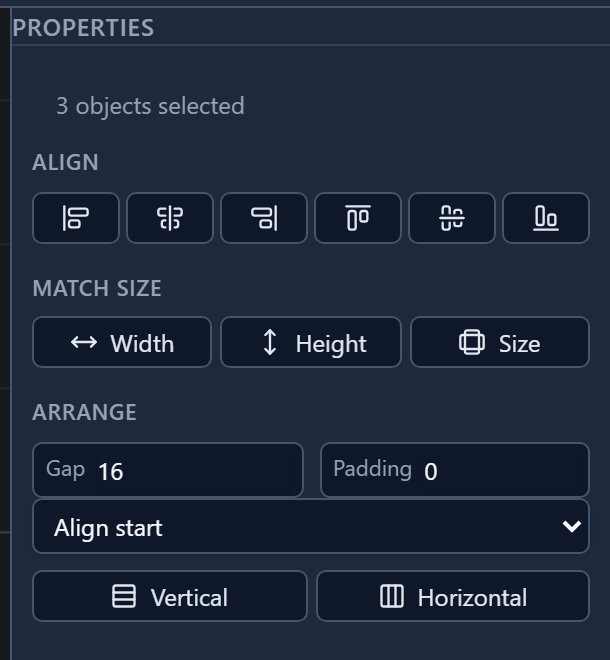Properties with 3 objects selected: Align with six buttons, Match size with Width, Height and Size, and Arrange with Gap 16, Padding 0, Align start, Vertical and Horizontal