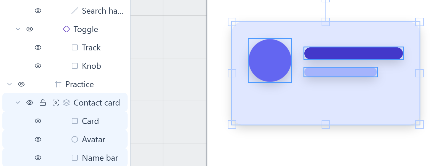 The card selected on the canvas, and in Layers a group called Contact card holding Card, Avatar and Name bar