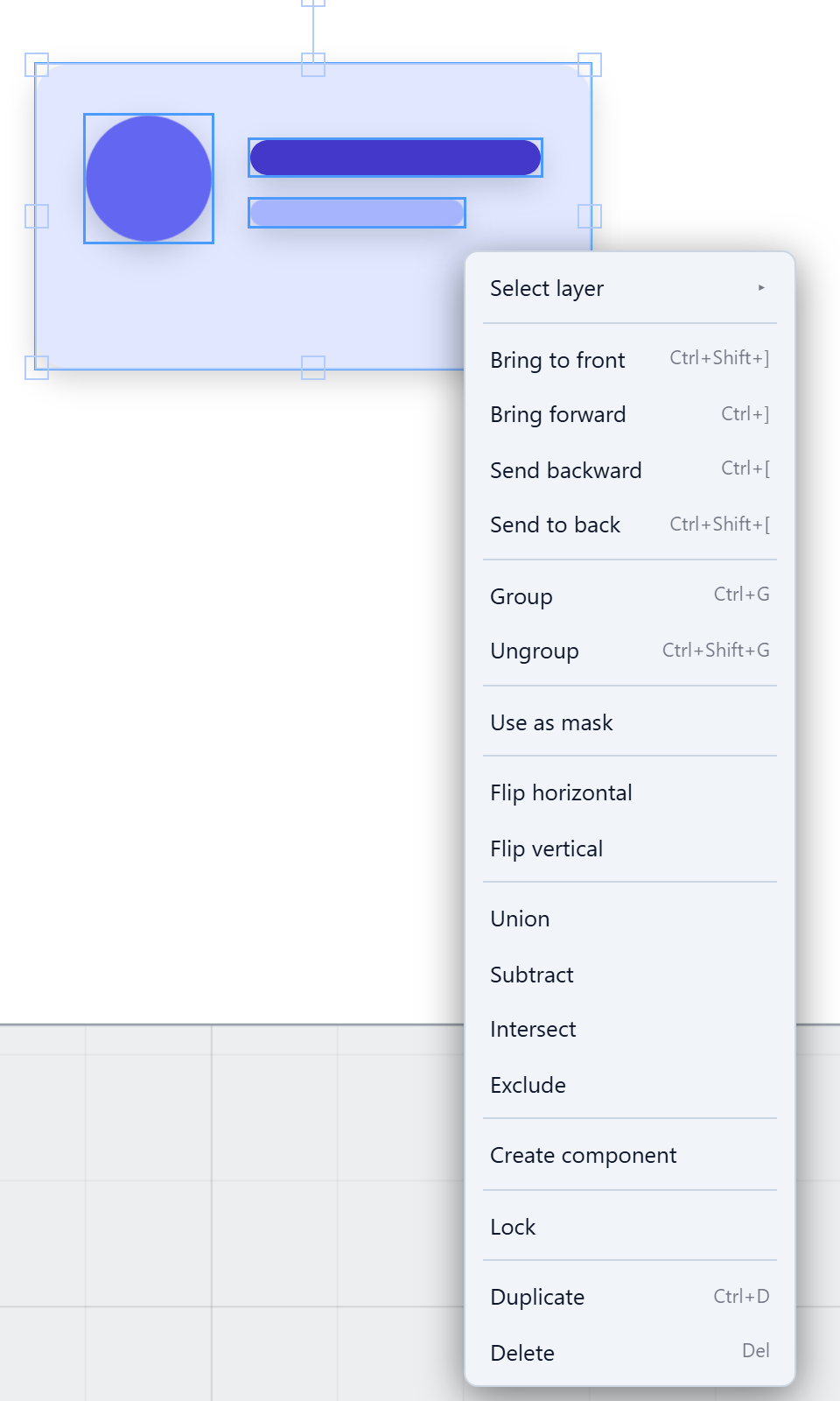 The right-click menu on the card: Select layer, the four stacking commands, Group, Ungroup, Use as mask, Flip, Union, Subtract, Intersect, Exclude, Create component, Lock, Duplicate and Delete