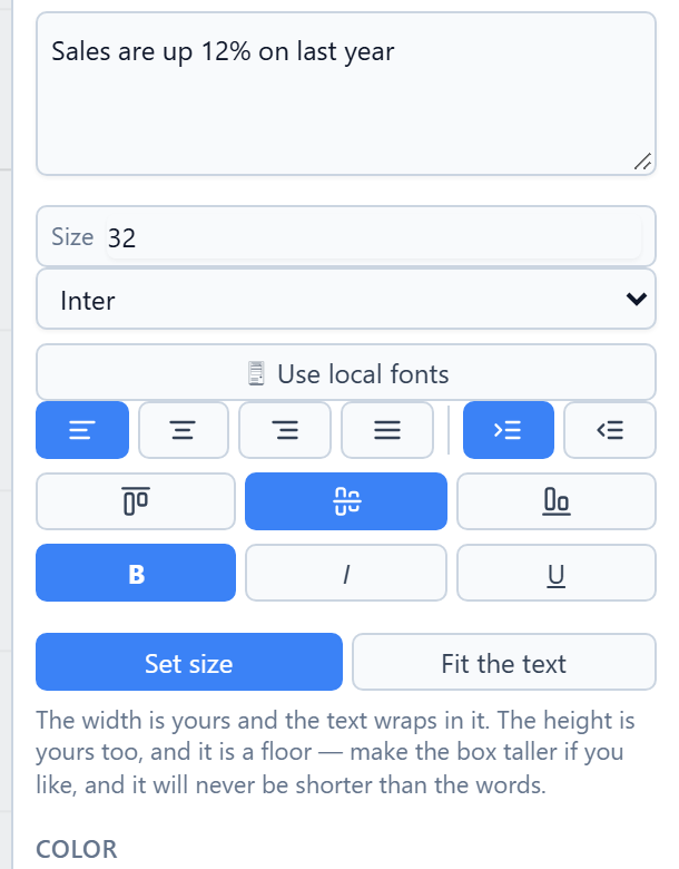 The Text section: the words, Size 32, the font Inter, alignment and direction buttons, top/middle/bottom buttons, B I U with B on, and Set size / Fit the text