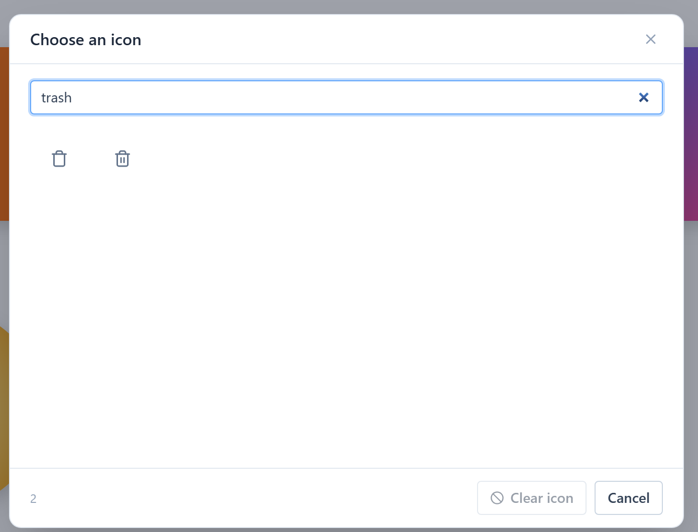 The Choose an icon dialog with "trash" typed in the search box and two bin icons found