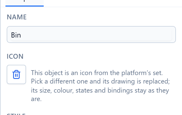 The Icon field in Properties: a bin glyph, and the note that picking another replaces the drawing and keeps size, colour, states and bindings