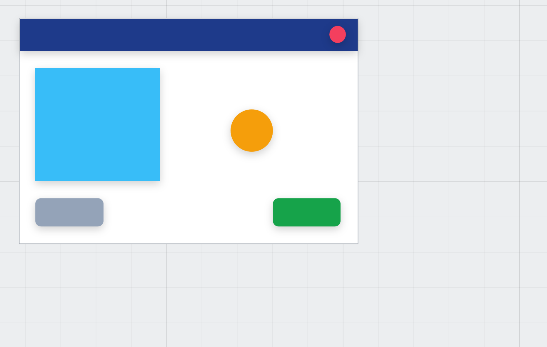 A small dialog: a dark title bar with a red dot, a blue square, an orange circle, and grey and green buttons along the bottom