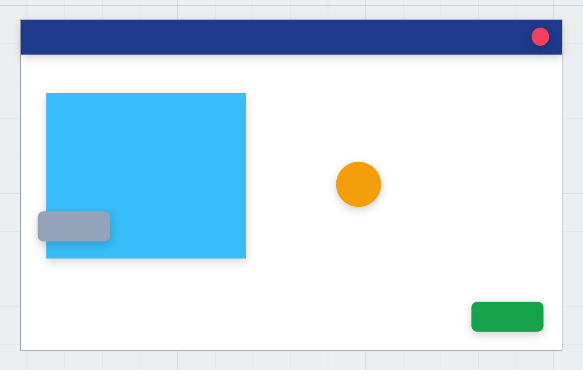 The dialog widened: the title bar stretched, the dot in the corner, the square bigger, the circle in the middle, the green button in the corner, and the grey button now on top of the blue square