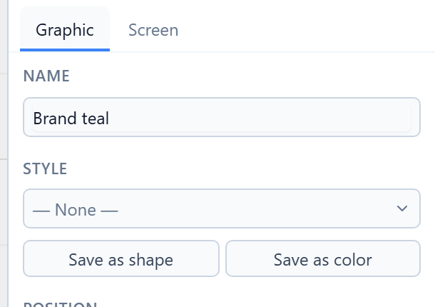 Name Brand teal, a Style dropdown reading None, and the buttons Save as shape and Save as color