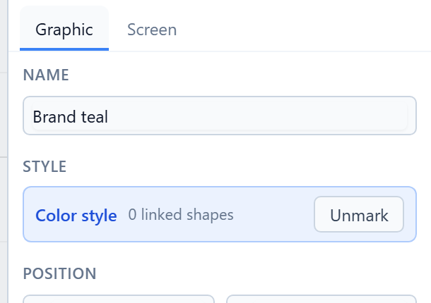 A blue banner reading Color style, 0 linked shapes, and an Unmark button