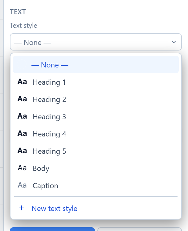 The Text style dropdown: None, Heading 1 to Heading 5, Body, Caption, and New text style