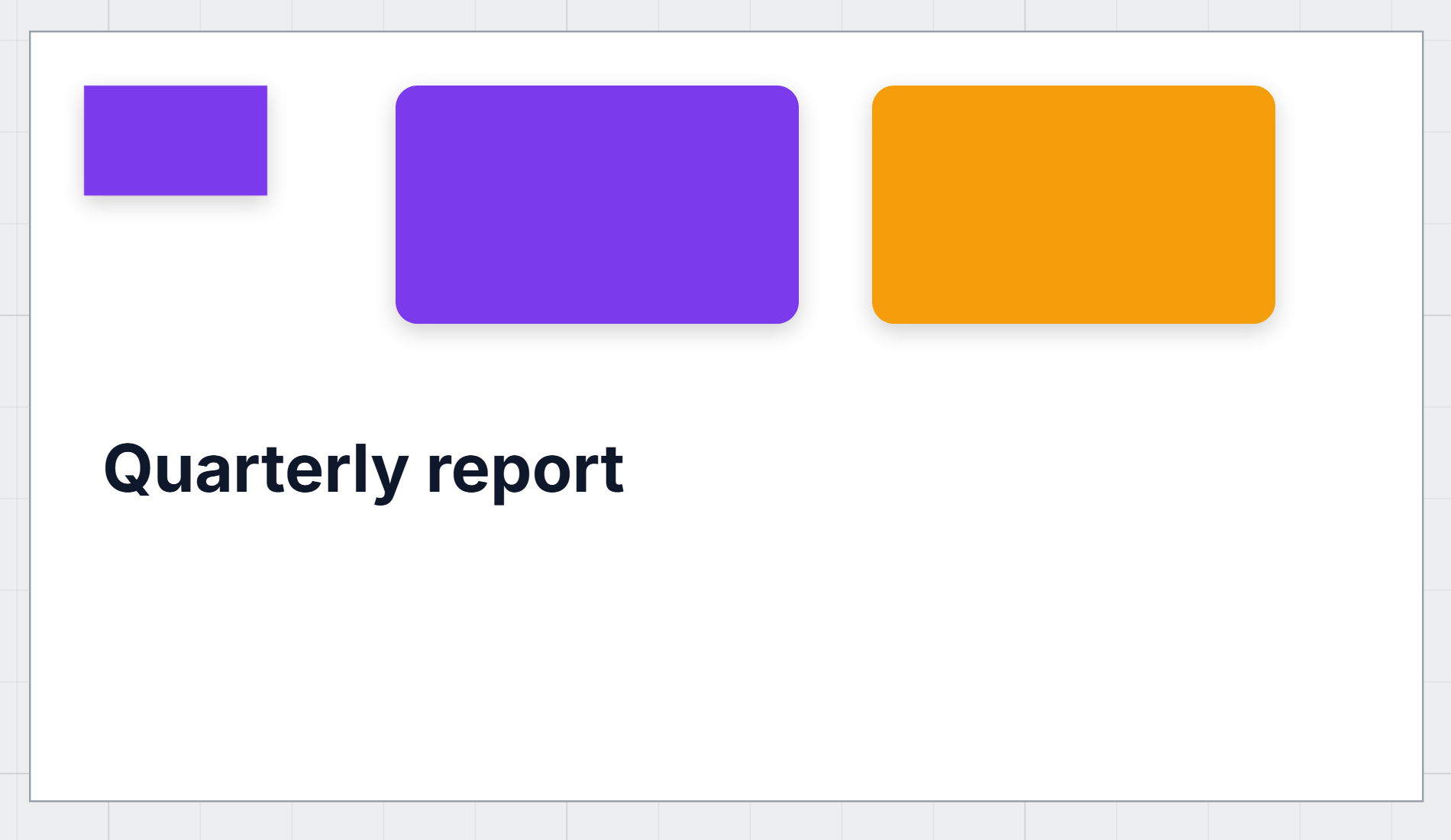 The violet shapes, the orange card, and Quarterly report in large bold type