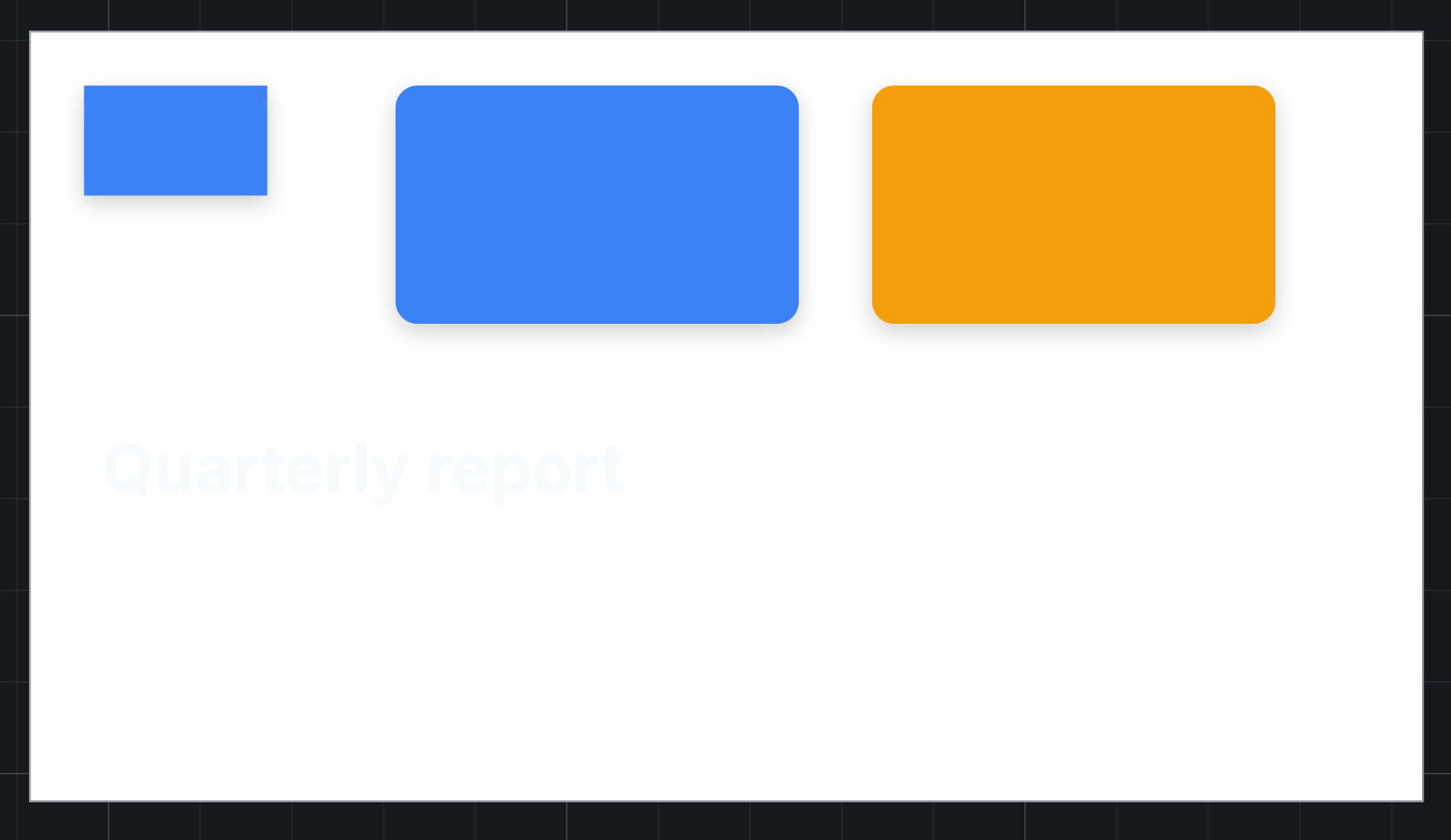 Dark mode: the blue cards and orange card on a white frame, and the headline almost invisible