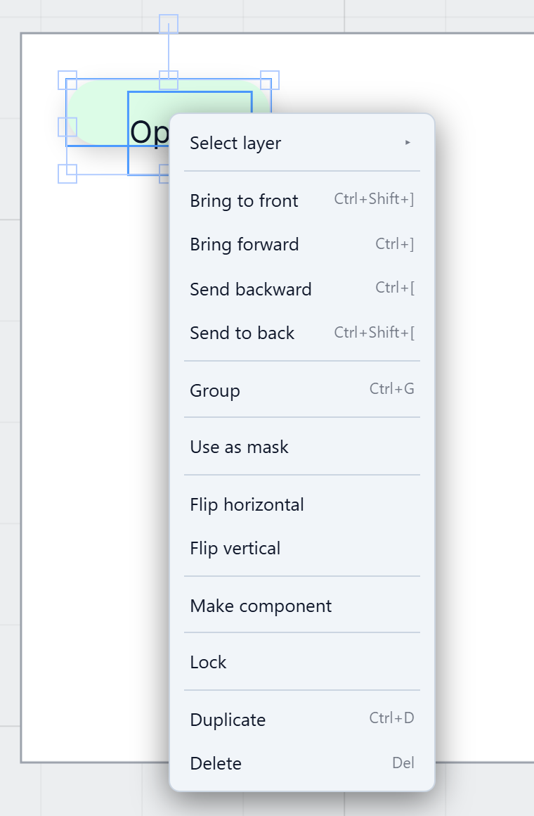 The chip selected on the canvas, and the right-click menu with Make component near the bottom