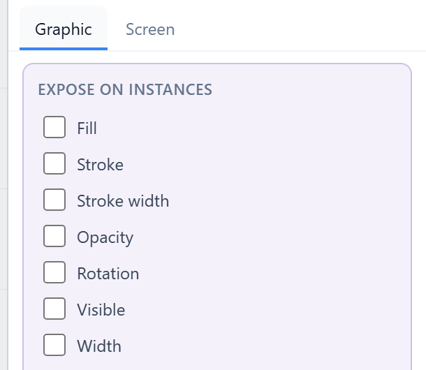 Expose on instances: Fill, Stroke, Stroke width, Opacity, Rotation, Visible, Width and more, each with a tick box