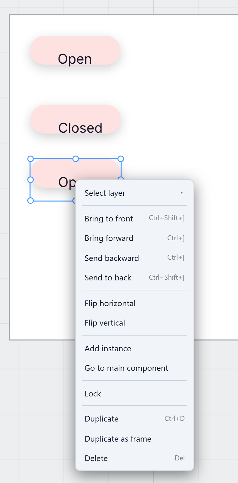 The right-click menu on an instance: Add instance, Go to main component, Duplicate as frame