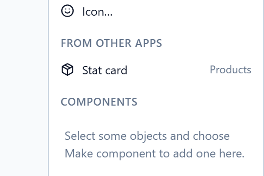 The Components list in Orders: From other apps, Stat card, Products