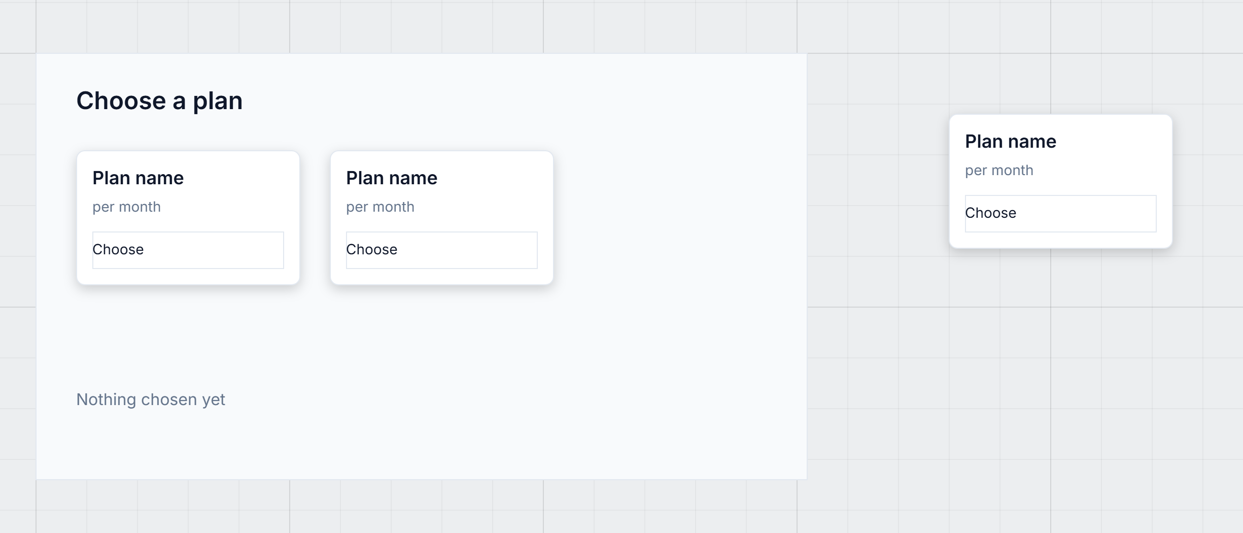The Choose a plan screen with two cards reading Plan name, per month and Choose, and the original card beside the screen