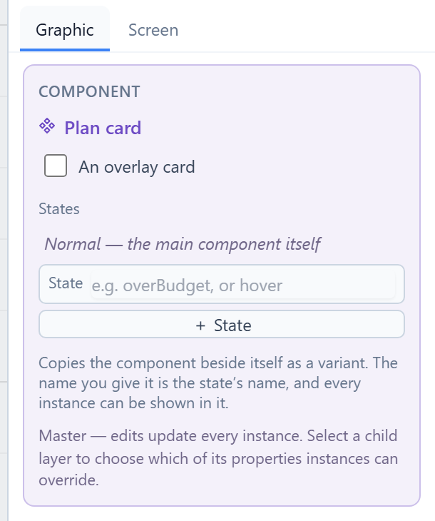 The Component panel: Plan card, An overlay card, States with Normal — the main component itself, a State box and a ＋ State button
