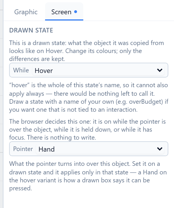 Drawn state: While set to Hover, and Pointer set to Hand, each with its explanation