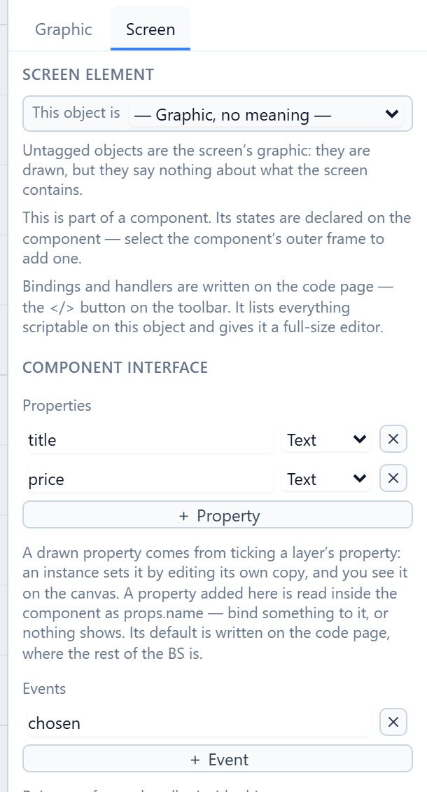 Component interface: Properties title and price, both Text, a ＋ Property button, Events chosen and a ＋ Event button