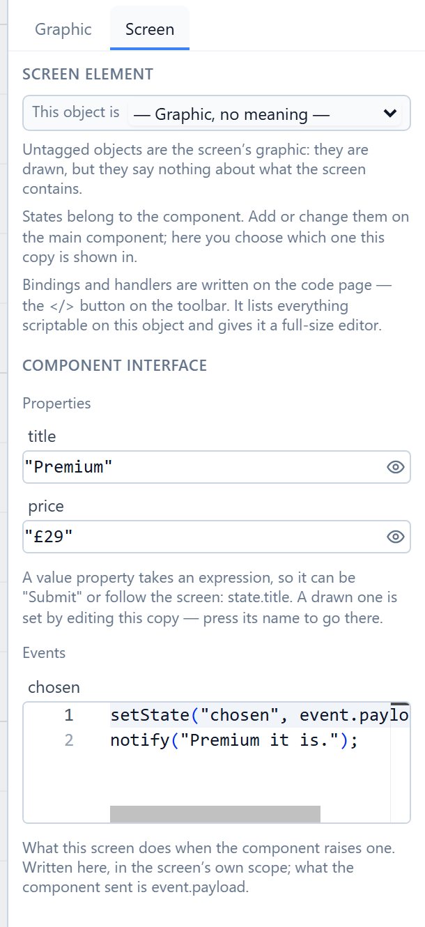 This copy's properties: title "Premium" and price "£29", and the chosen event's handler: setState("chosen", event.payload) and notify("Premium it is.")