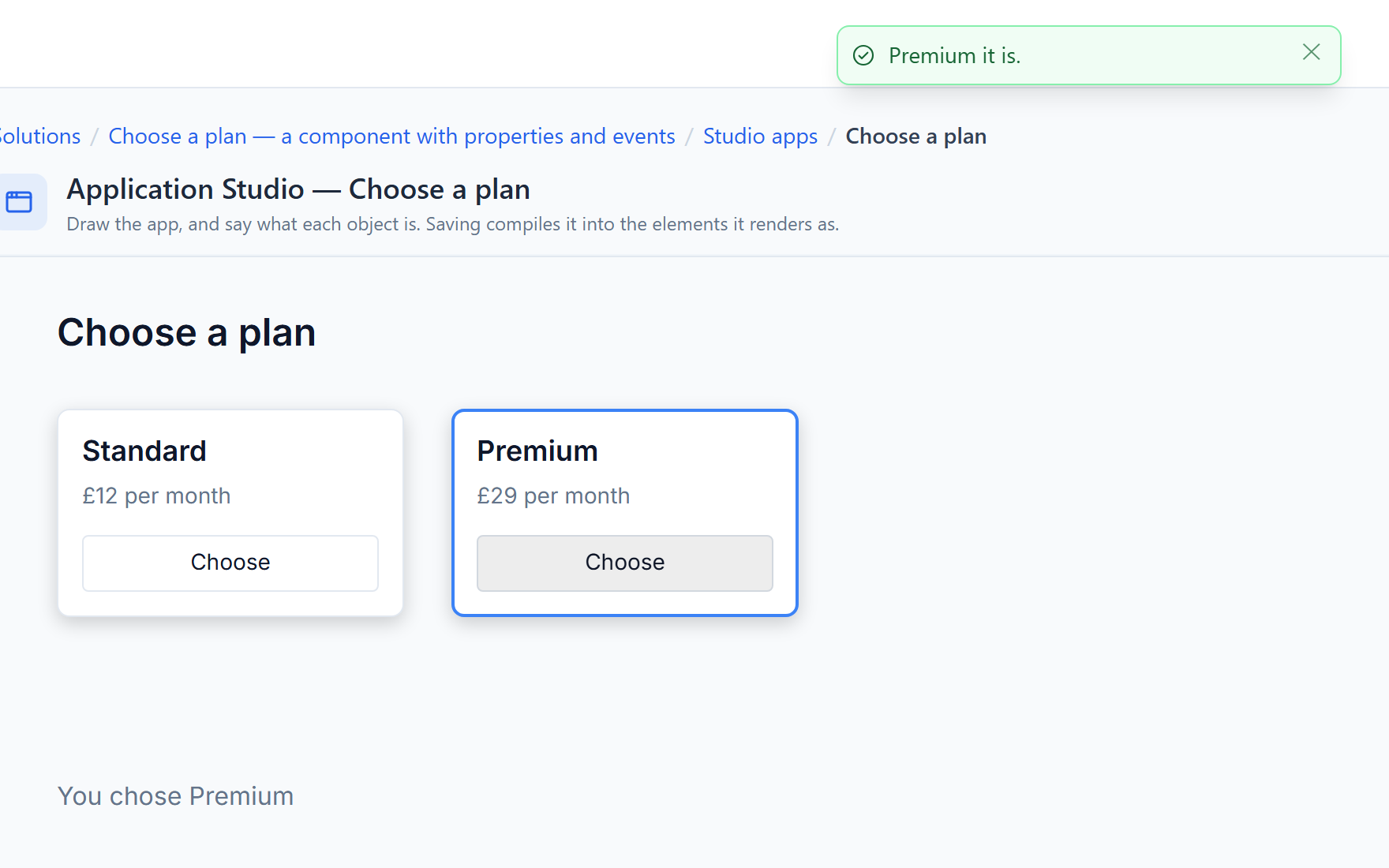 The line under the cards now reads You chose Premium, and a message at the top reads Premium it is.