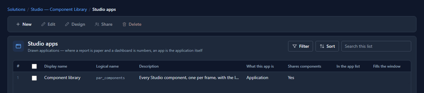 The Studio apps list: Component library, par_components, with Yes under Shares components and nothing under In the app list