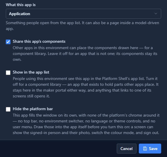 The Edit app drawer: Share this app's components ticked, and Show in the app list not ticked