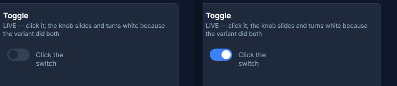 The Toggle panel twice: off, with a dark track, and on, with a blue track and the knob at the far end