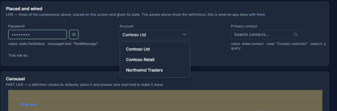 The Dropdown panel with its list open: Contoso Ltd, Contoso Retail, Northwind Traders